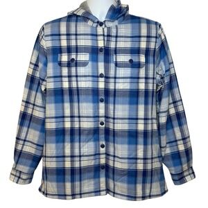 L.L.Bean Womens M Fleece-Lined Flannel Hoodie Shirt Blue Plaid Long Sleeve